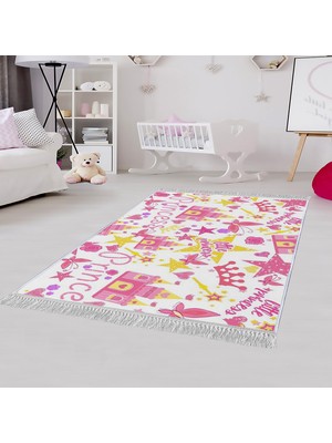 Homefesto Dekoratif Özel Tasarım Pamuklu Dokuma Taban Yumuşak Dokulu  Çocuk Halısı Pembe - Beyaz 80 x 120 cm