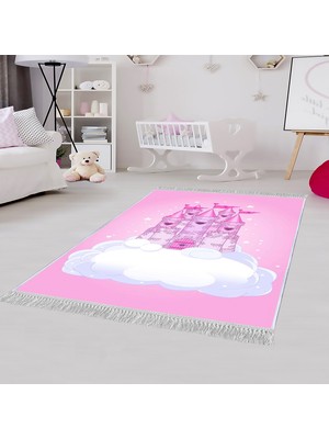 Homefesto Dekoratif Özel Tasarım Pamuklu Dokuma Taban Yumuşak Dokulu  Çocuk Halısı Pembe - Beyaz 80 x 120 cm