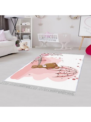 Homefesto Dekoratif Özel Tasarım Pamuklu Dokuma Taban Yumuşak Dokulu  Çocuk Halısı Pembe - Beyaz 80 x 120 cm