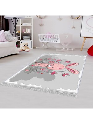 Homefesto Dekoratif Özel Tasarım Pamuklu Dokuma Taban Yumuşak Dokulu  Çocuk Halısı Gri - Pembe 80 x 120 cm