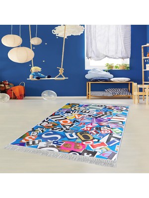 Homefesto Dekoratif Özel Tasarım Pamuklu Dokuma Taban Yumuşak Dokulu  Çocuk Halısı Mavi - Beyaz 80 x 120 cm