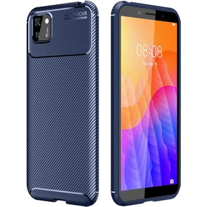 Tekno Grup Huawei Y5P Kılıf Karbon Desenli Lux Negro Silikon Lacivert + Tam Kaplayan 5D Cam Ekran Koruyucu