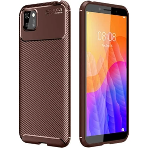 Tekno Grup Huawei Y5P Kılıf Karbon Desenli Lux Negro Silikon Kahverengi + Tam Kaplayan 5D Cam Ekran Koruyucu