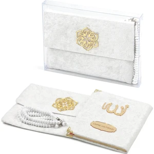 20 Adet Kadifekumaş Kaplı Keseli ve Tesbihli Yasin Kitabı Seti - İsme Özel Plakalı - Beyaz