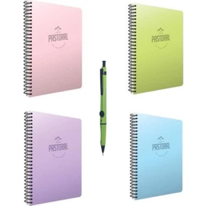 Pastoral Spiralli Pp Kapak Defter A4 96 Yaprak - 2 Kareli, 2 Çizgili 4'lü + Caretta Techno 0.5 mm Uçlu Kalem