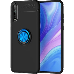Tekno Grup Huawei P Smart S (Y8P) Kılıf Ultra Korumalı Yüzüklü Manyetik Ravel Silikon Siyah Mavi + Cam Ekran Koruyucu