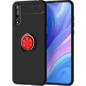 Tekno Grup Huawei P Smart S (Y8P) Kılıf Ultra Korumalı Yüzüklü Manyetik Ravel Silikon Siyah Kırmızı + Tam Kaplayan 6D Nano Ekran Koruyucu