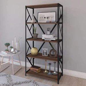 Home 5 Raflı Ceviz Metal Kitaplık