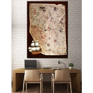 Piri Reis Haritası Tahta Görünümlü Fon Kanvas Tablo slm36-70 x 100 cm
