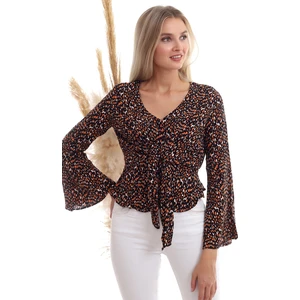 Cotton Mood 20333372 Dok.viskon Desenli Önü Bağlamalı Volanlı Bluz Siyah Oranj