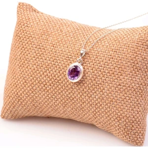 Taş Sandığı Oval Ametist Taşı Gümüş Kolye