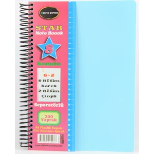 Star Spiralli A4 Plastik Kapak Ayraçlı Defter 6 Kareli+2 Çizgili 200 Yaprak