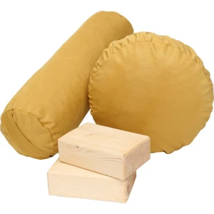 Meditasyon Minderi + Bolster Minderi 2'li Set Tay Taüyü Pamuklu Kumaş + 2'li Ahşap Yoga Blok