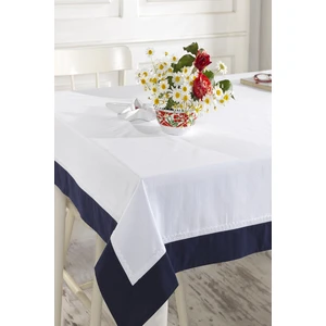 Ödel Home Beyaz Buldan Keteni Lacivert Bordürlü Beyaz Dantelli Masa Örtüsü 140 x 180 cm