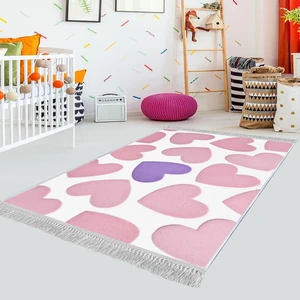 Dekoratif Özel Tasarım Pamuklu Dokuma Taban Yumuşak Dokulu  Çocuk Halısı Pembe - Beyaz 80 x 120 cm