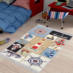 Dekoratif Özel Tasarım Pamuklu Dokuma Taban Yumuşak Dokulu Modern Çocuk Halısı Mavi - Bej 80 x 120 cm