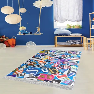 Dekoratif Özel Tasarım Pamuklu Dokuma Taban Yumuşak Dokulu  Çocuk Halısı Mavi - Beyaz 80 x 120 cm