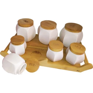 9168 Tepsili 7 Parça Bambu Kapaklı Porselen Baharat Takımı