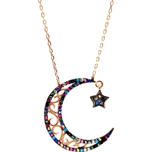 Osmanlı Gümüş Renkli Zirkon Taşlı Ayyıldız Kadın Gümüş Kolye Zincir