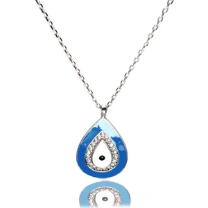 Osmanlı Gümüş Mavi Nazar Boncuklu Damla Modeli Kadın Gümüş Kolye