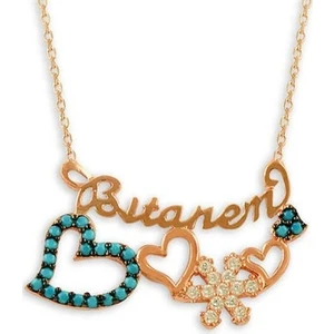 Osmanlı Gümüş Bitanem Seni Çok Seviyorum Kalpli Kartanesi Turkuaz Taşlı Kadın Gümüş Kolye