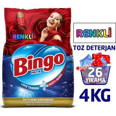 Bingo 4 Kg Renkli Toz Çamaşır Deterjanı 26 Yıkama Standart Koku ile Leke Tanıma