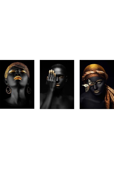 Hobimania Kanvas Tablo 3'lü Set Afrikalı Kadın Yaylera Dekoratif Moda Duvar
