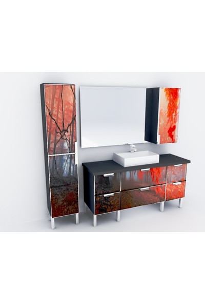 Artila Işıklı Kapaklı Kızıl Orman Seramik Çanak Lavabolu , Pvc Tezgahlı , 160 x 200 Aynalı Banyo Dolabı + 40 x 200 Boy Dolabı
