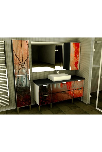 Artila Işıklı Kapaklı Kızıl Orman Seramik Çanak Lavabolu , Pvc Tezgahlı , 160 x 200 Aynalı Banyo Dolabı + 40 x 200 Boy Dolabı