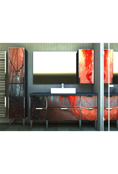 Artila Işıklı Kapaklı Kızıl Orman Seramik Çanak Lavabolu , Pvc Tezgahlı , 160 x 200 Aynalı Banyo Dolabı + 40 x 200 Boy Dolabı