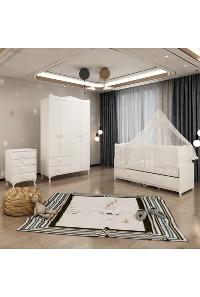 Garaj Home Melina Yıldız 4 Kapaklı Bebek Odası Takımı Beyaz - Yatak + Uyku Seti Kombinli