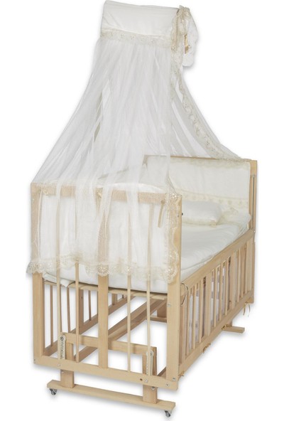 LifeAir Gürgen Anne Yanı 3 Kademeli Lüx Beşik 60 x 120 cm - Krem Güpür Uyku Setli