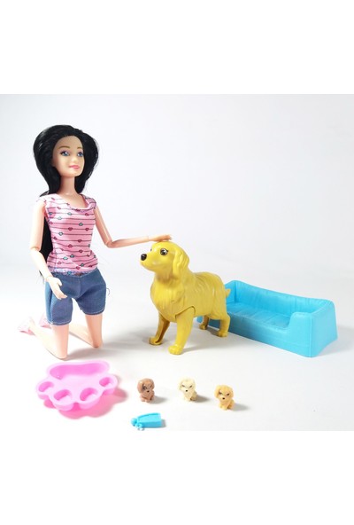 Ethem Barbie Oyuncak Bebek ve Doğuran Köpeği 3 Yavrusu ve Yatağı