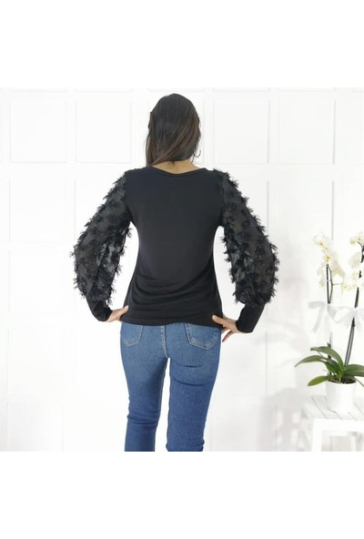Buketli Simli Omuz Kol Detay Kadın Bluz - Siyah