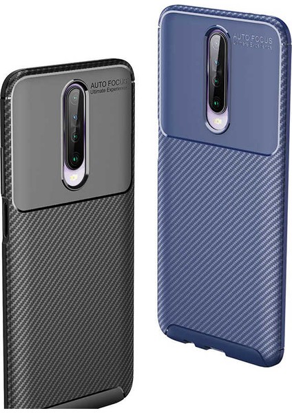 Xiaomi Redmi K30 Kılıf Rugged Armor Karbon Desenli Lüx Negro Silikon Arka Kapak + Cam Ekran Koruyucu Siyah