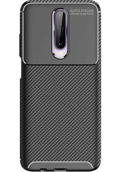 Xiaomi Redmi K30 Kılıf Rugged Armor Karbon Desenli Lüx Negro Silikon Arka Kapak + Cam Ekran Koruyucu Siyah