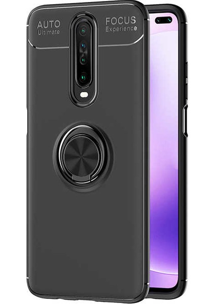 Xiaomi Redmi K30 Kılıf Autofocus Shockprof Ravel Yüzüklü Standlı Slikon Kapak + Cam Ekran Koruyucu Siyah