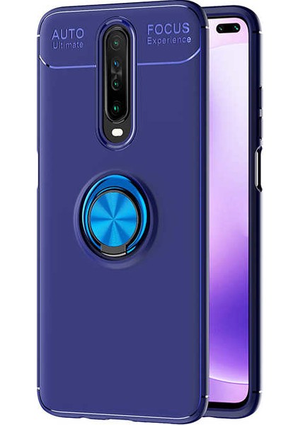 Xiaomi Redmi K30 Kılıf Autofocus Shockprof Ravel Yüzüklü Standlı Slikon Kapak + Cam Ekran Koruyucu Lacivert