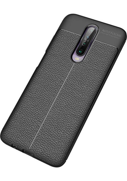 Xiaomi Redmi K30 Kılıf Rugan Armor Deri Görünümlü Yüksek Kalite Silikon Niss + Cam Ekran Koruyucu Siyah