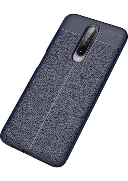 Xiaomi Redmi K30 Kılıf Rugan Armor Deri Görünümlü Yüksek Kalite Silikon Niss + Cam Ekran Koruyucu Lacivert