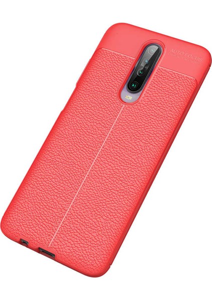 Xiaomi Redmi K30 Kılıf Rugan Armor Deri Görünümlü Yüksek Kalite Silikon Niss + Cam Ekran Koruyucu Kırmızı