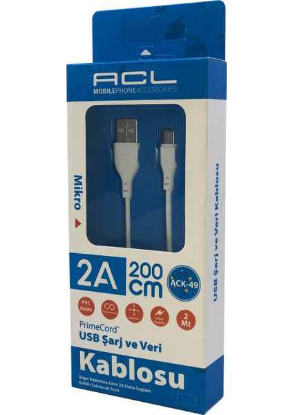 Ack-49 Micro USB Şarj ve Data Kablosu - 2 mt