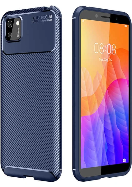 Tekno Grup Huawei Y5P Kılıf Karbon Desenli Lux Negro Silikon Lacivert + Tam Kaplayan 5D Cam Ekran Koruyucu