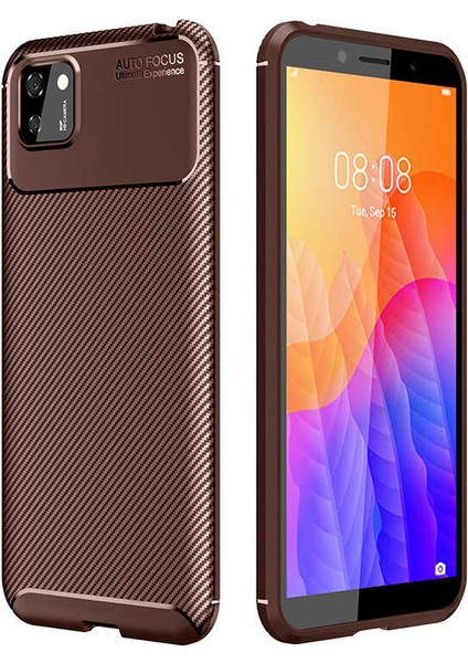 Huawei Y5P Kılıf Karbon Desenli Lux Negro Silikon Kahverengi + Tam Kaplayan 5D Cam Ekran Koruyucu