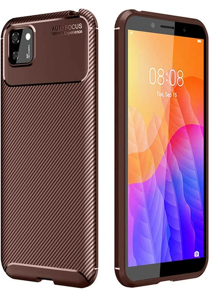 Tekno Grup Huawei Y5P Kılıf Karbon Desenli Lux Negro Silikon Kahverengi + Tam Kaplayan 5D Cam Ekran Koruyucu