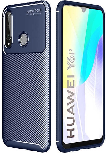Huawei Y6P Kılıf Karbon Desenli Lux Negro Silikon Lacivert + Nano Ekran Koruyucu