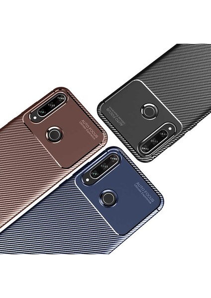 Huawei Y6P Kılıf Karbon Desenli Lux Negro Silikon Kahverengi + Cam Ekran Koruyucu