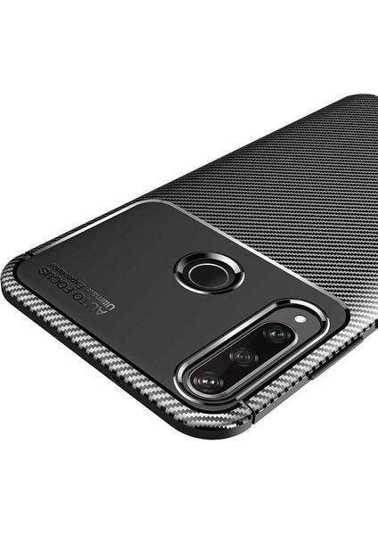 Huawei Y6P Kılıf Karbon Desenli Lux Negro Silikon Kahverengi + Cam Ekran Koruyucu