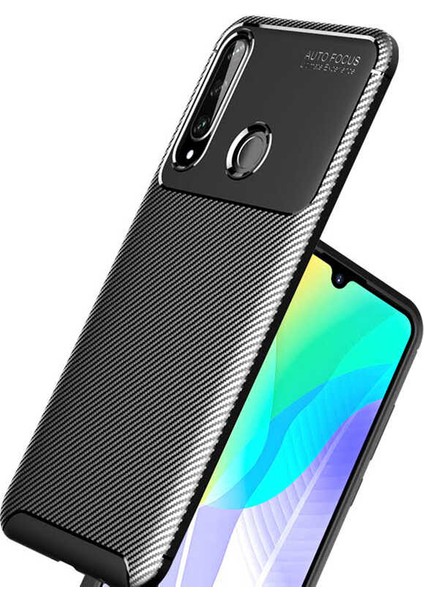 Huawei Y6P Kılıf Karbon Desenli Lux Negro Silikon Kahverengi + Cam Ekran Koruyucu