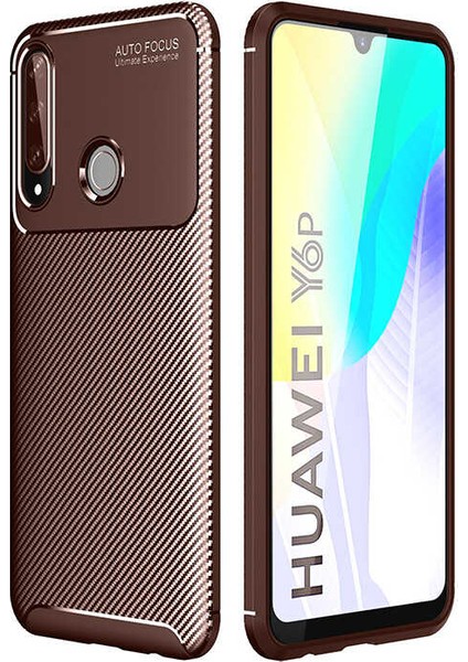 Huawei Y6P Kılıf Karbon Desenli Lux Negro Silikon Kahverengi + Cam Ekran Koruyucu